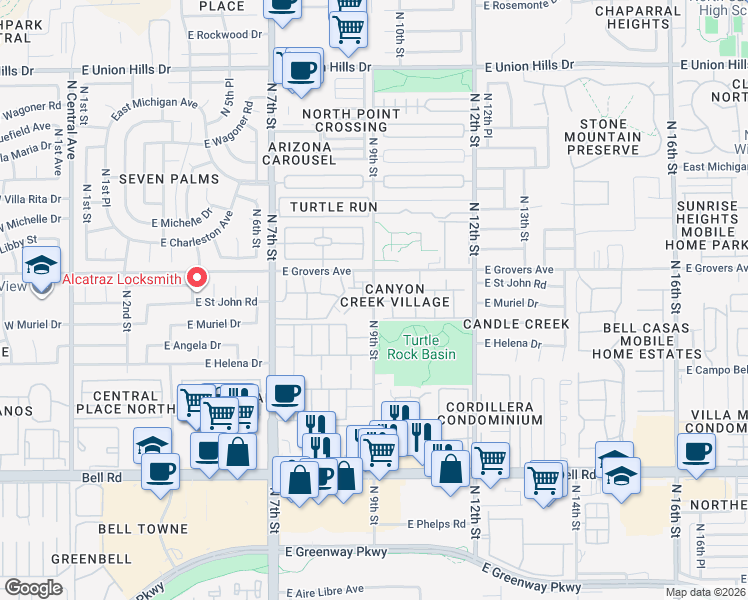 map of restaurants, bars, coffee shops, grocery stores, and more near 17671 North 9th Street in Phoenix