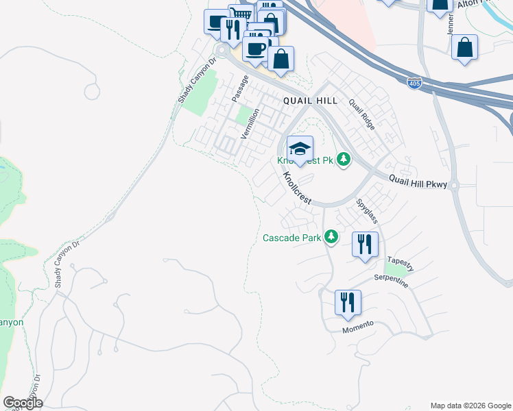 map of restaurants, bars, coffee shops, grocery stores, and more near 1 Foliage in Irvine