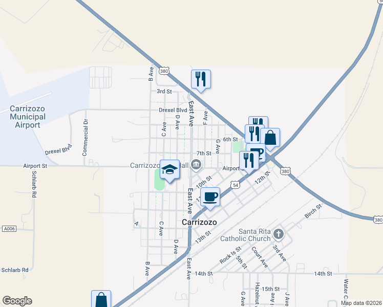 map of restaurants, bars, coffee shops, grocery stores, and more near 7th Street in Carrizozo