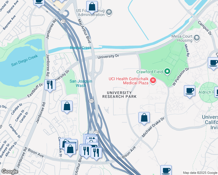 map of restaurants, bars, coffee shops, grocery stores, and more near 121 Innovation Drive in Irvine