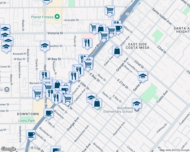 map of restaurants, bars, coffee shops, grocery stores, and more near 150 East Bay Street in Costa Mesa