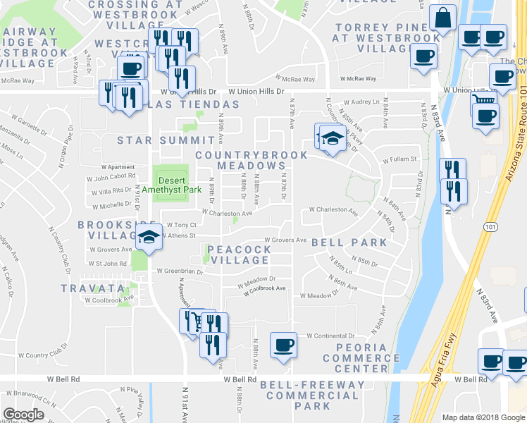 map of restaurants, bars, coffee shops, grocery stores, and more near 8751 West Charleston Avenue in Peoria