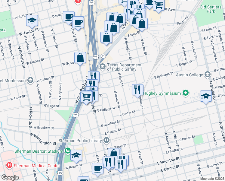 map of restaurants, bars, coffee shops, grocery stores, and more near 1024 North Branch Street in Sherman