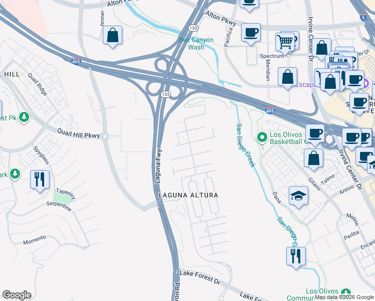 map of restaurants, bars, coffee shops, grocery stores, and more near 61 Lupari in Irvine