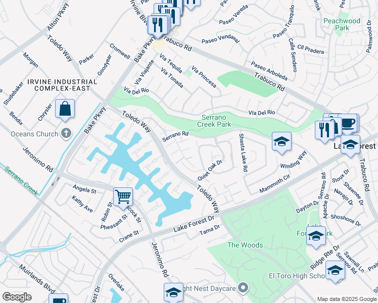 map of restaurants, bars, coffee shops, grocery stores, and more near 21794 Lake Vista Drive in Lake Forest