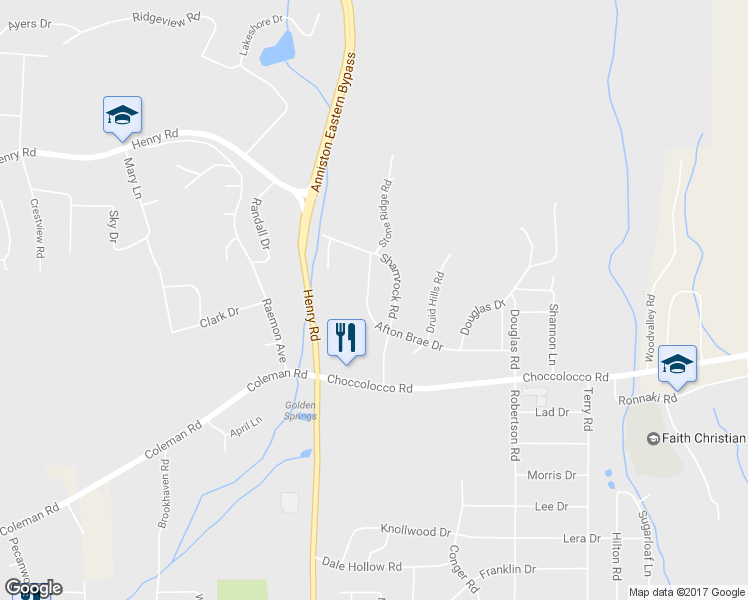 map of restaurants, bars, coffee shops, grocery stores, and more near 215 Afton Brae Drive in Anniston