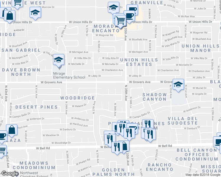 map of restaurants, bars, coffee shops, grocery stores, and more near 17637 North 36th Drive in Glendale