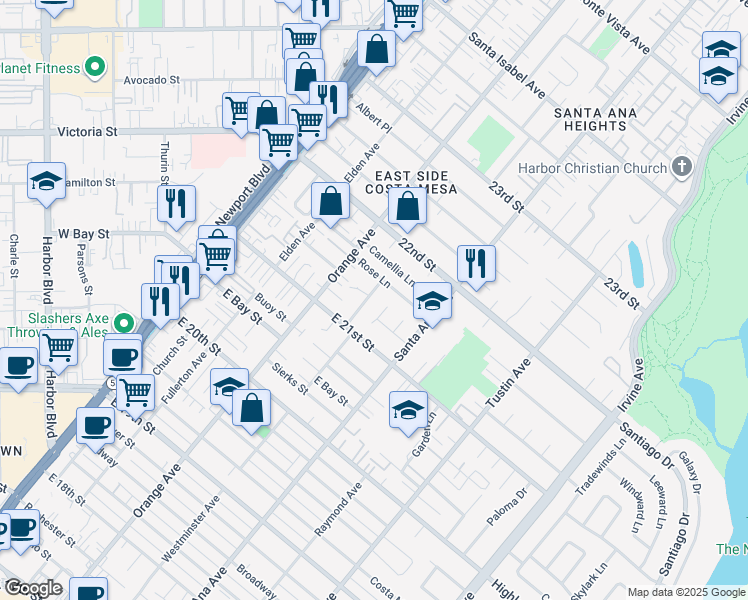 map of restaurants, bars, coffee shops, grocery stores, and more near 2147 Aster Place in Costa Mesa