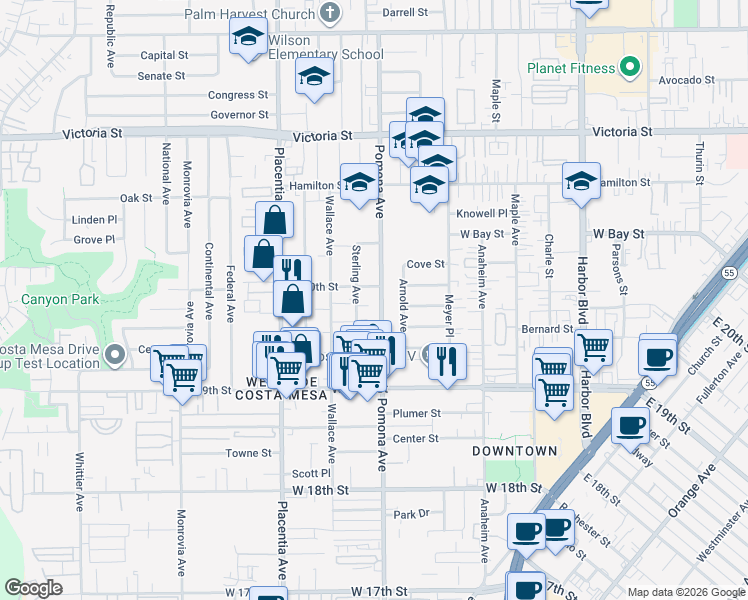 map of restaurants, bars, coffee shops, grocery stores, and more near 1985 Pomona Avenue in Costa Mesa