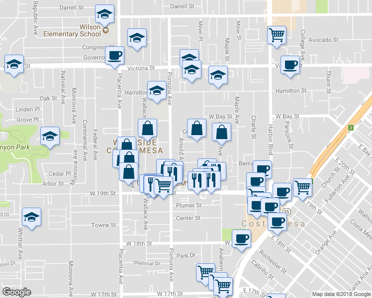 map of restaurants, bars, coffee shops, grocery stores, and more near 664 Ross Street in Costa Mesa