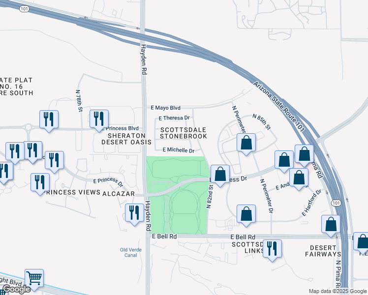 map of restaurants, bars, coffee shops, grocery stores, and more near 8164 East Michelle Drive in Scottsdale