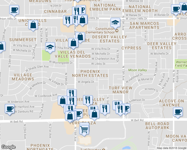 map of restaurants, bars, coffee shops, grocery stores, and more near 17622 North 17th Lane in Phoenix