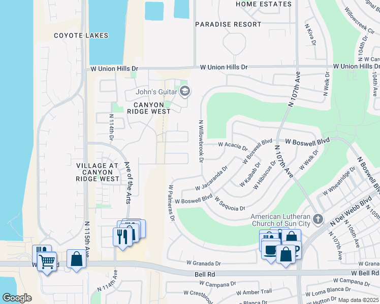 map of restaurants, bars, coffee shops, grocery stores, and more near 17921 North 111th Drive in Surprise