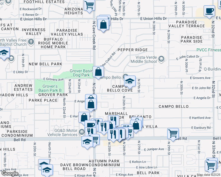 map of restaurants, bars, coffee shops, grocery stores, and more near 2450 East Contention Mine Road in Phoenix