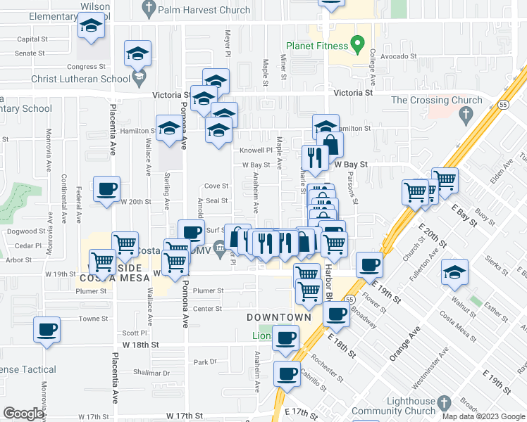 map of restaurants, bars, coffee shops, grocery stores, and more near 1984 Anaheim Avenue in Costa Mesa