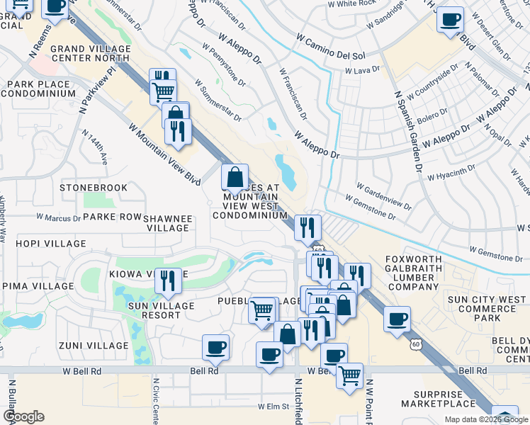 map of restaurants, bars, coffee shops, grocery stores, and more near 13982 West Cornerstone Trail in Surprise