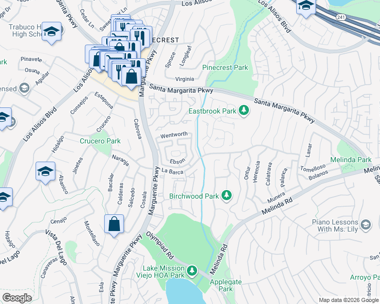 map of restaurants, bars, coffee shops, grocery stores, and more near 21751 Darrowby in Mission Viejo