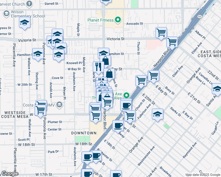 map of restaurants, bars, coffee shops, grocery stores, and more near 1960 Harbor Boulevard in Costa Mesa