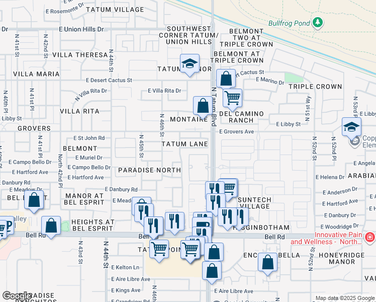 map of restaurants, bars, coffee shops, grocery stores, and more near 4719 East Angela Drive in Phoenix
