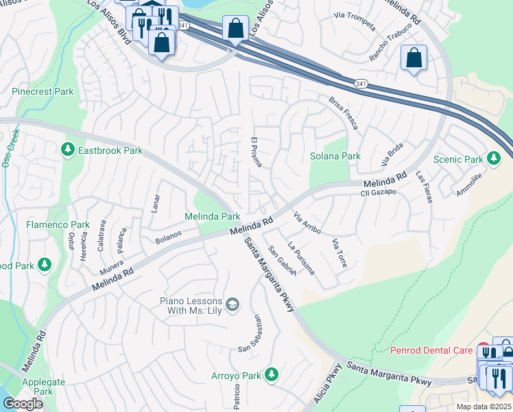 map of restaurants, bars, coffee shops, grocery stores, and more near 33 Via Madera in Rancho Santa Margarita
