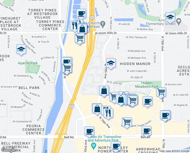 map of restaurants, bars, coffee shops, grocery stores, and more near 17722 North 79th Avenue in Glendale