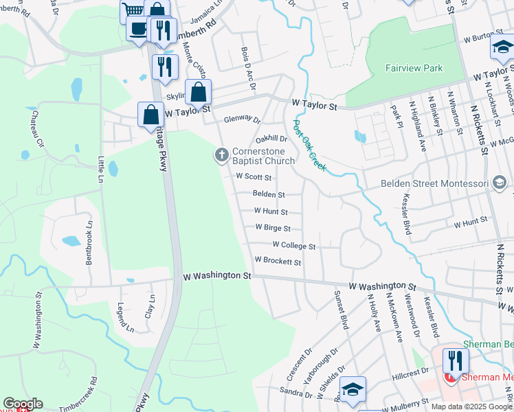 map of restaurants, bars, coffee shops, grocery stores, and more near 1811 West Hunt Street in Sherman