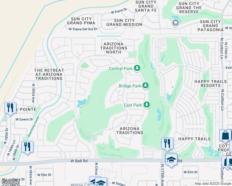map of restaurants, bars, coffee shops, grocery stores, and more near 17789 West Brown Drive in Surprise
