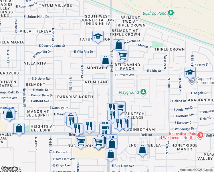 map of restaurants, bars, coffee shops, grocery stores, and more near 4763 East Angela Drive in Phoenix