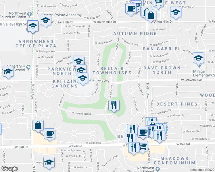 map of restaurants, bars, coffee shops, grocery stores, and more near 17650 North 45th Avenue in Glendale