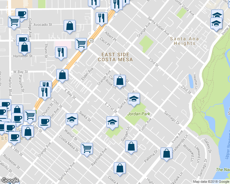 map of restaurants, bars, coffee shops, grocery stores, and more near 2147 Aster Place in Costa Mesa