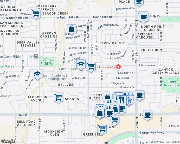 map of restaurants, bars, coffee shops, grocery stores, and more near 17628 N 1st St in Phoenix
