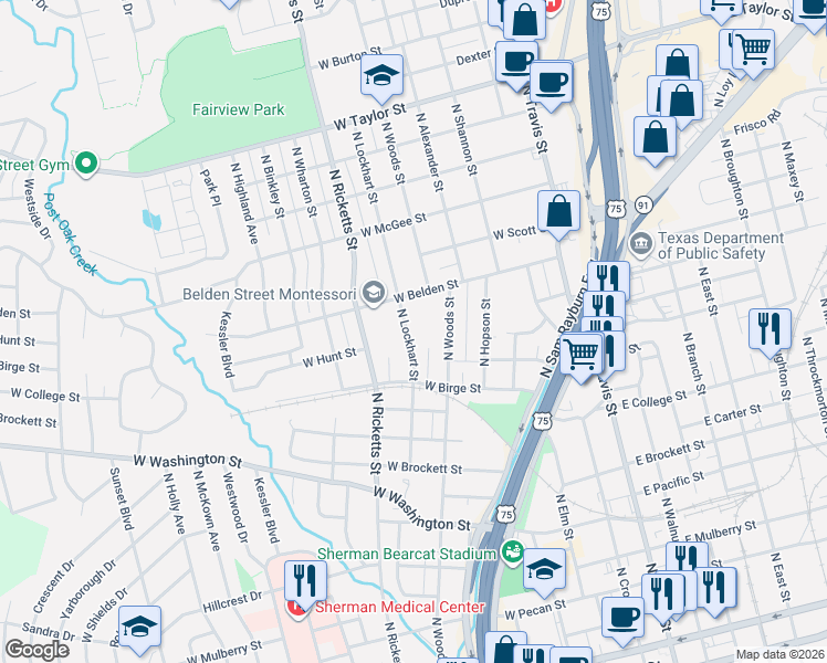 map of restaurants, bars, coffee shops, grocery stores, and more near 1123 North Lockhart Street in Sherman