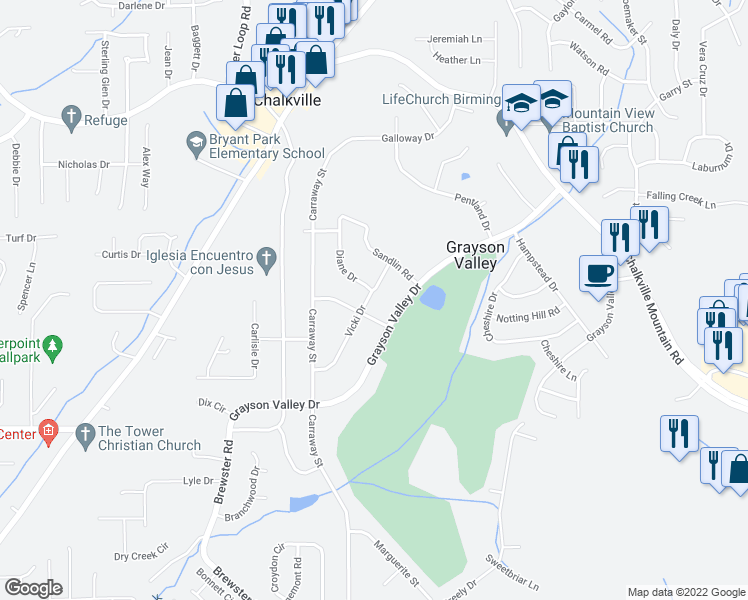 map of restaurants, bars, coffee shops, grocery stores, and more near 2207 Vicki Drive in Birmingham