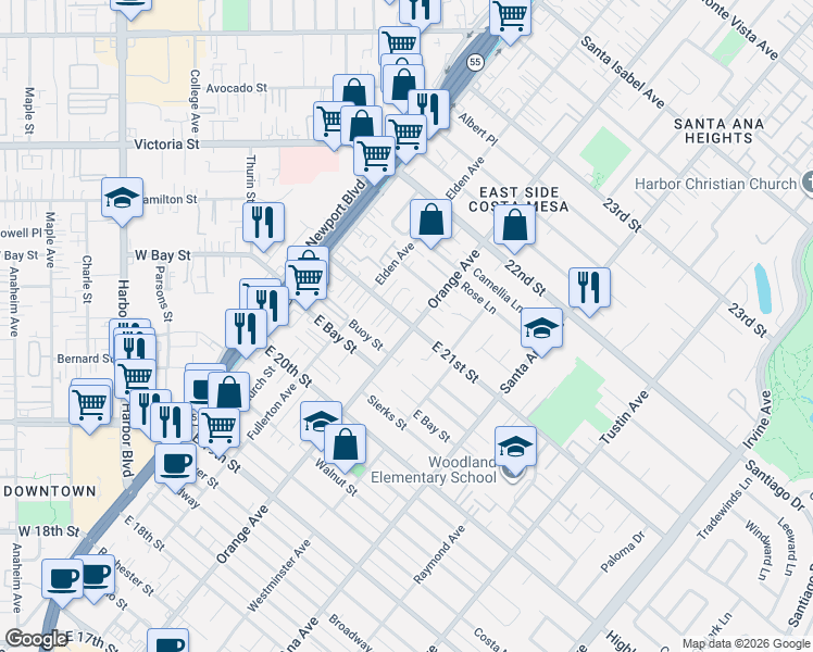 map of restaurants, bars, coffee shops, grocery stores, and more near 2097 Orange Avenue in Costa Mesa