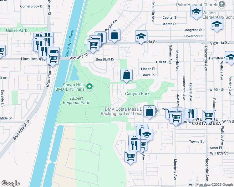 map of restaurants, bars, coffee shops, grocery stores, and more near 5 Sand Dollar Court in Newport Beach