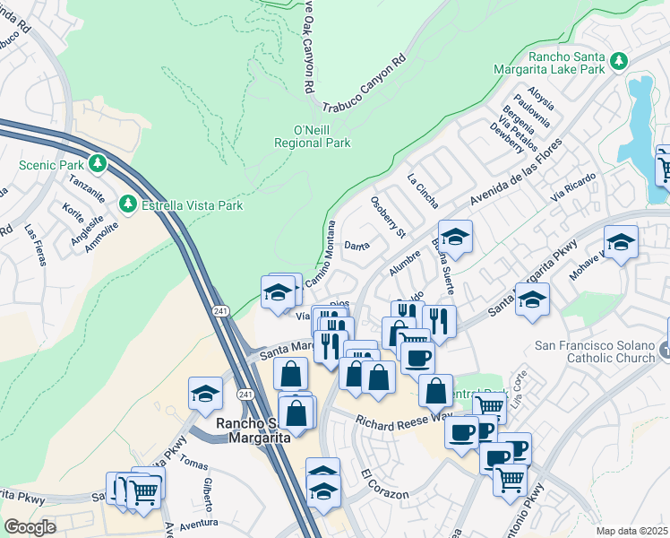 map of restaurants, bars, coffee shops, grocery stores, and more near 20 Rana in Rancho Santa Margarita