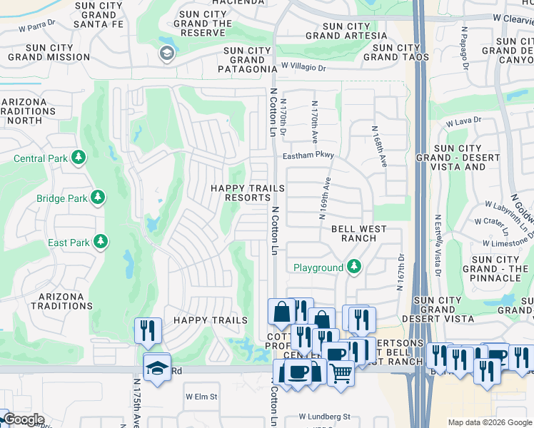 map of restaurants, bars, coffee shops, grocery stores, and more near 17101 West Cool Water in Surprise