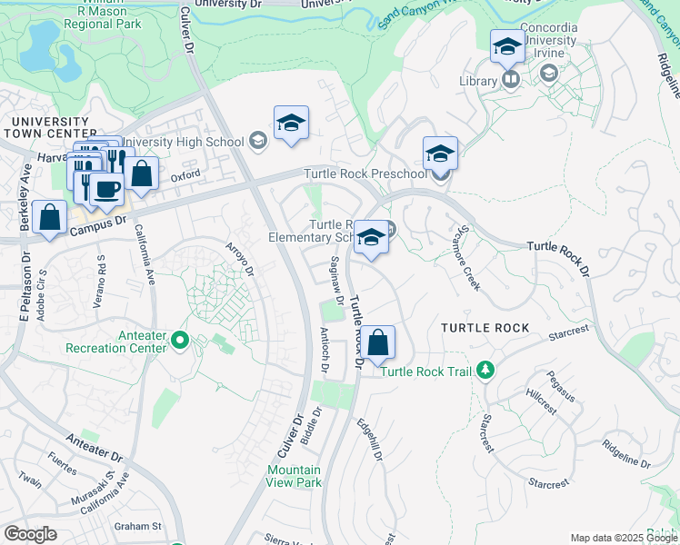 map of restaurants, bars, coffee shops, grocery stores, and more near 18802 Saginaw Drive in Irvine