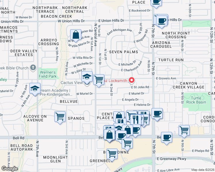 map of restaurants, bars, coffee shops, grocery stores, and more near 17627 North 1st Place in Phoenix