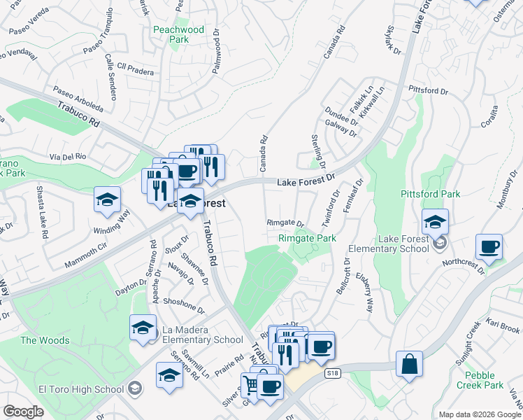 map of restaurants, bars, coffee shops, grocery stores, and more near 21755 Newvale Drive in Lake Forest