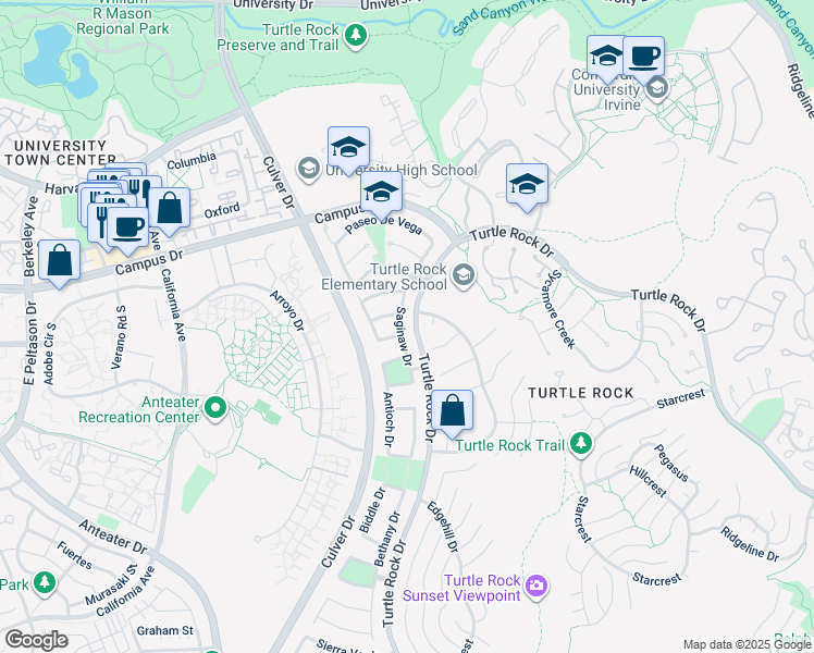 map of restaurants, bars, coffee shops, grocery stores, and more near 18802 Saginaw Drive in Irvine