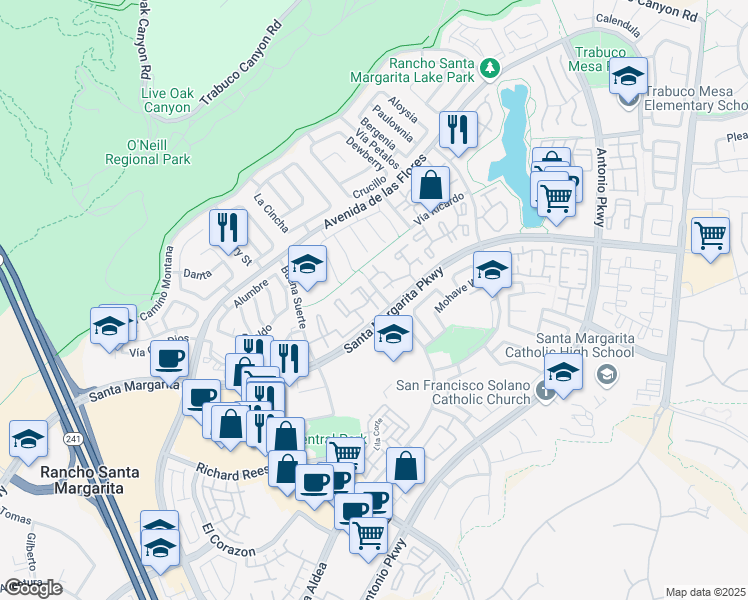 map of restaurants, bars, coffee shops, grocery stores, and more near 22 Leonado in Rancho Santa Margarita