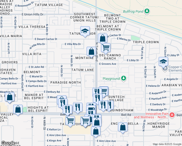 map of restaurants, bars, coffee shops, grocery stores, and more near 4763 East Angela Drive in Phoenix