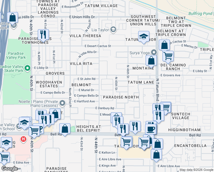 map of restaurants, bars, coffee shops, grocery stores, and more near 4411 East Angela Drive in Phoenix