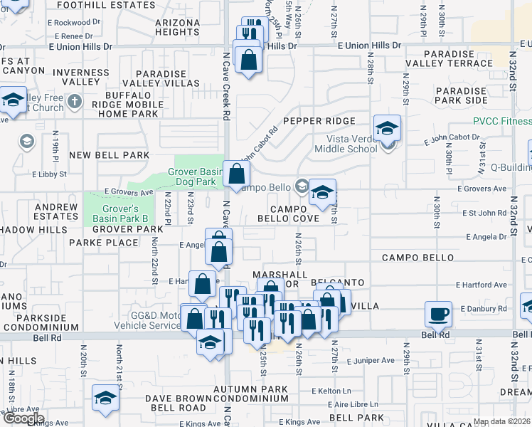 map of restaurants, bars, coffee shops, grocery stores, and more near 2450 East Contention Mine Road in Phoenix
