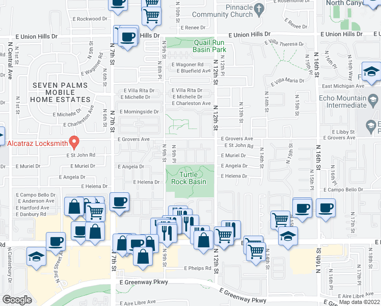 map of restaurants, bars, coffee shops, grocery stores, and more near 175 North 10th Street in Phoenix