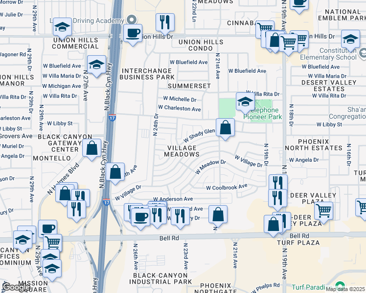 map of restaurants, bars, coffee shops, grocery stores, and more near 2239 West Shady Glen Avenue in Phoenix