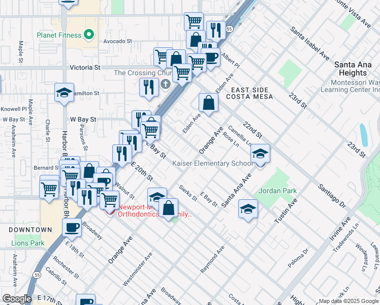 map of restaurants, bars, coffee shops, grocery stores, and more near 169 East 21st Street in Costa Mesa