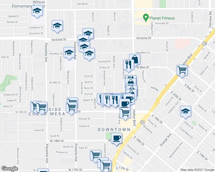 map of restaurants, bars, coffee shops, grocery stores, and more near 1987 Maple Avenue in Costa Mesa