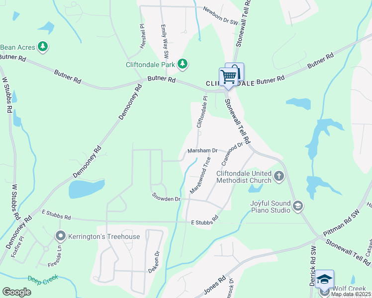 map of restaurants, bars, coffee shops, grocery stores, and more near 6530 Marsham Drive in Atlanta